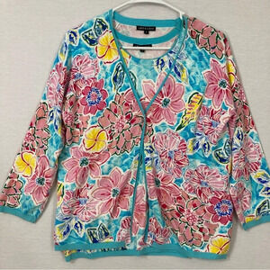 Leo & Ugo Two Layer Pink Blue Floral Soft Stretch Cardigan size Large